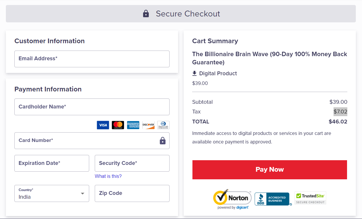 Billionaire Brain Wave secure checkout